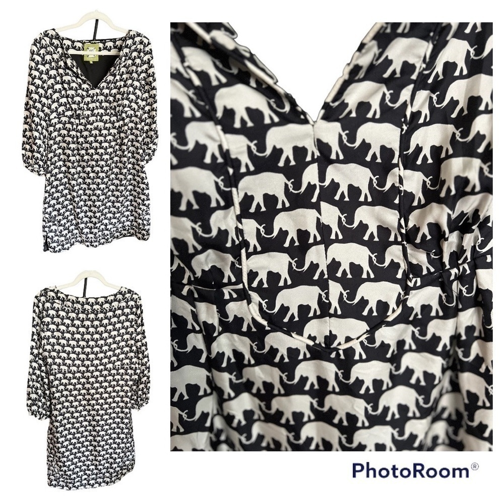 Elizabeth McKay SILK MARILOU DRESS black with white elephants size 8 tunic EUC - Picture 6 of 11
